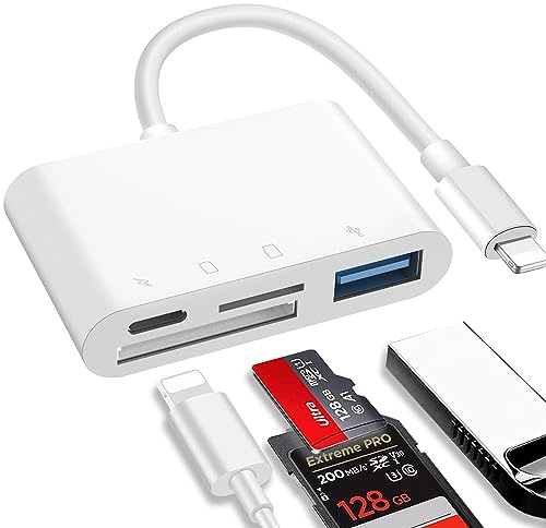 SD Card Reader for iPhone iPad, 4 in 1 Camera Card Viewer, Charging Port + USB Port + SD + Micro SD Card Reader Memory Card Adapter for iPhone 14/13/12/11/X/XS/XR/8/7, Plug and Play
