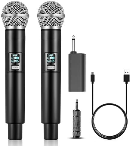 ALPOWL Microfono Wireless, UHF Dual Cordless Portatile Microfono con Ricevitore Ricaricabile, Durata 40 Ore, Portata 200 Piedi, Microfono per Karaoke, Chiesa, Discorsi, Matrimoni, Canti Alle Feste