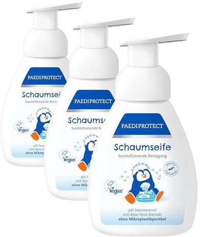 PAEDIPROTECT Schaumseife Kinder Erwachsene 250 ml, parfümfrei & feuchtigkeitsspendend, mit Aloe-Vera, reinigend, pH-neutrale vegane Handseife (Packung mit 3)