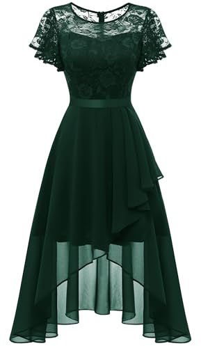 Wedtrend Aftonklänning dam, elegant cocktailklänning, hög/låg, balklänning med spets, A-linje, för bröllop, kort klänning, festlig, mullvadsklänning, Mörkgrön, XXL