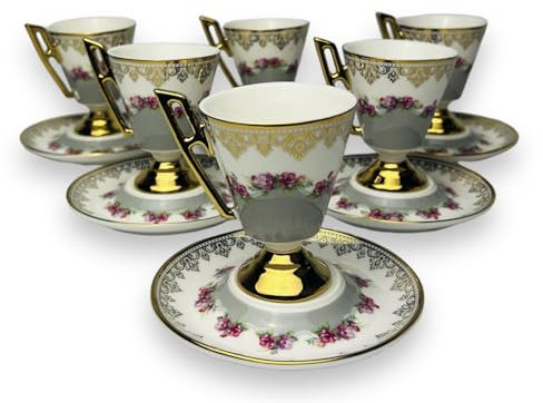 Juego de tazas de café espresso para 6 personas, Tazas Ceramica, Estilo Vintage, Diseño Floral, 100 ml, con Caja de Regalo