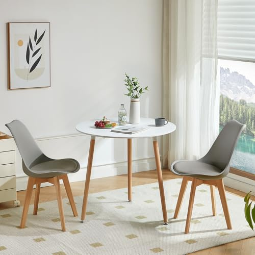 LafeuR Runder Esstisch mit 2 Stühlen Essgruppen, 2er Set Esszimmerstühle mit küchentisch Esszimmergruppe, Tischgruppe Sitzgruppe für Balkon, Küche, Wohnzimmer(Weiß Tisch + 2 Grau Stuhl) | Essgruppen Runder Tisch 80 cm, Skandinavisches Design, Massivholzbeine, für Balkon Küche Wohnzimmer Büro, 2 Grau Stühlen