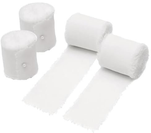 Lot de 4 rouleaux de ruban en mousseline de soie à bords effilochés faits à la main pour bouquet de mariée, invitations de mariage, fête prénatale, nœud pour loisirs créatifs, blanc