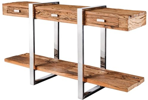 Konsolentisch BARRACUDA 140cm - braun silber - Teakholz Schubladen | Chrom-Look, Massivholz, modernes Design, Unikat, einzigartige Maserung, charaktervolle Oberfläche, viel Stauraum