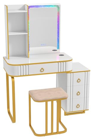 HOMASIS Mesa de Maquillaje con iluminación LED, Tocador de cosmético con 7 Luces LED dinámicas y 7 estáticas Regulables, Estación de Carga inalámbrica, Puerto USB y 4 cajones, 80x40x137cm (Blanco)