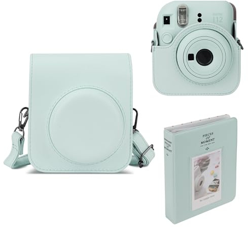 Mumlicha Étui de Protection en Cuir Synthétique pour Appareil Photo Instantané Fujifilm Instax Mini 12 - Album 64 Poches avec Bandoulière Réglable, Vert