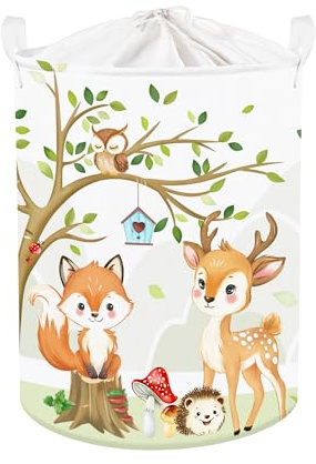 Clastyle Wildtiere Kinder Wäschekorb mit Henkel Baumzweige Kleidung Spielzeug Aufbewahrungskorb Jungen Mädchen Aufbewahrungsbox für Babyzimmer Bad, Fuchs Hirsche, 36 * 45 cm