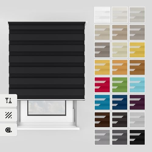 Estika Doppelrollo mit Bohren 130x150 cm Farbe: Schwarz, Rollo Deckenmontage und Wandmontage Fenster rollos für innen, Jalousien Fenster, Tür Rollo