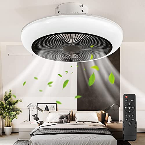 Ventilatore da soffitto senza pale, 45,7 cm, con telecomando, moderno, incassato, a basso profilo, dimmerabile, LED a 3 colori e 3 impostazioni di velocità del vento (nero)