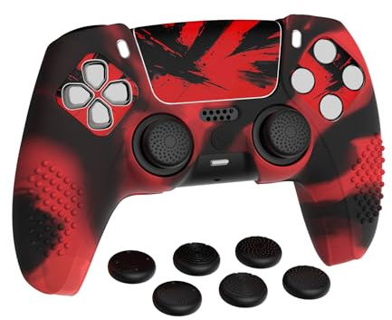 PlayVital Cover Joystick per ps5 Controller,Custodia Silicone Antiscivolo con 6 Copri Analogici e Adesivi Touchpad-Compatibile con Stazione di Ricarica-3D Borchiate,Rosso Nero