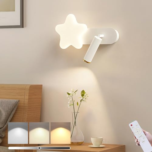 Wandleuchte LED Dimmbar Wandlampe Kinder mit Fernbedienung Stern Wandstrahler Drehbare 350° Nachtlicht Weiß Leselampe Modern Wandbeleuchtung für Junge Mädchen Kinderzimmer Schlafzimmer Wohnzimmer