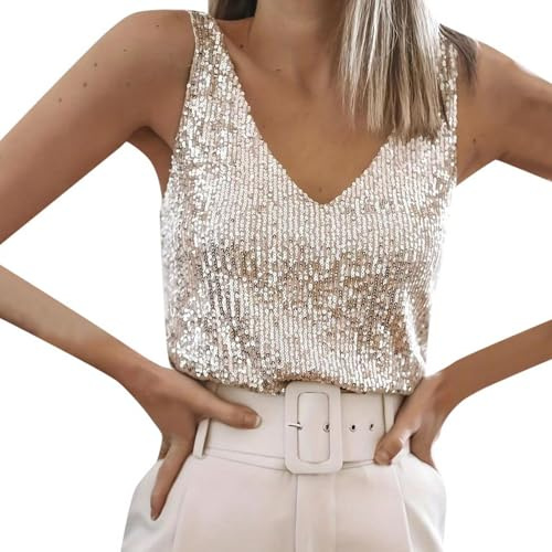 Camiseta sin Mangas con Lentejuelas para Mujer Camisetas Sin Mangas con Brillos Y Brillos Top con Lentejuelas Brillantes Camisetas sin Mangas con Purpurina para Fiestas Rave Top Verano Cuello en V