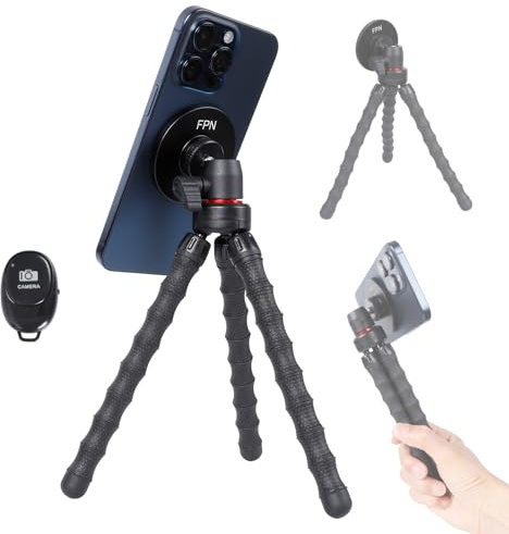 FPN Flexible Mini Tripod for MagSafe, Portable Small Magnetic Phone Tripod with Wireless Remote for Video Recording/Vlogging/Selfie, Compatible with iPhone 16 15 14 Pro Max 13 12 Series