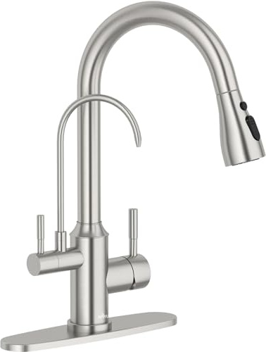 APPASO Kitchen Faucet with Water Filter, Pull Out 3 Way Sink Faucets with Sprayer, High Arch 2 Handle Faucet with Water Purifier - 3 in 1 Faucet Brushed Nickel (Without Water Filtration Device)