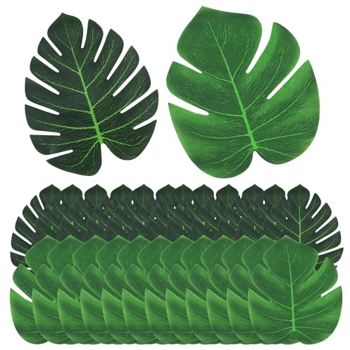 YiliYa Lot de 24 Feuilles de Palmier 2 Types de Feuilles Palmier artificielles avec tiges Plante Tropicale Monstres pour Jungle Beach Hawaiian Wedding Party Décoration