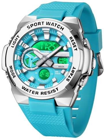 Montre militaire numérique étanche pour homme avec écran LED - Aiguilles analogiques et chiffres numériques, Turquoise.