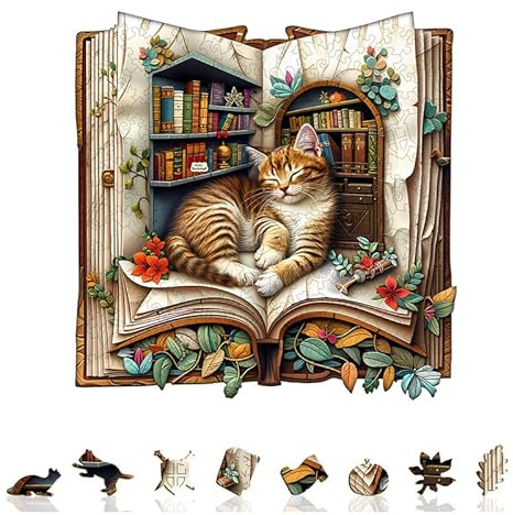 Jigfoxy Holzpuzzles für Erwachsene, 270 Teile Katze im Buch Puzzle | Einzigartiges Puzzle in Tierform für Erwachsene und Jugendliche, kreatives Geschenk mit Premium-Holzbox, 32 x 31,5 cm