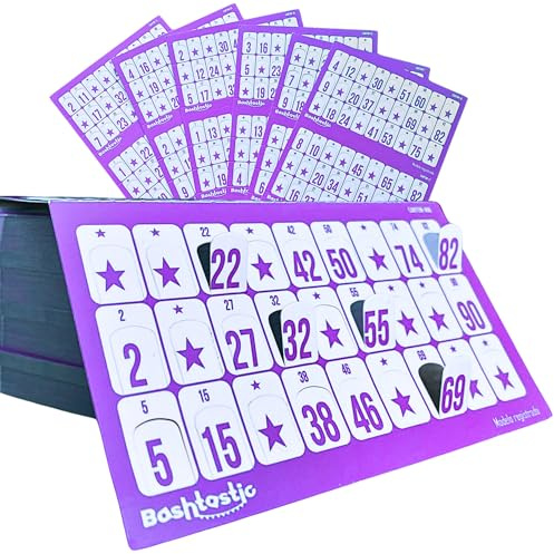 Bashtastic 504 Cartones Bingo Troquelados - Cartones de Bingo Troquelados, Bingo Juego de Mesa Adulto, Bingo Cartones 90 Bolas, Reutilizables (Lila, 504 Cartones)
