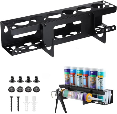 Caulking Gun and Caulk Tube Holder Wall Mounted Grease Gun Holder Metal Glue Gun Storage Rack Holds 1 Caulk Gun, 6 Caulking Tube and 6 Caulking Nozzle for Workshop Garage and Work Van Organizer, Black