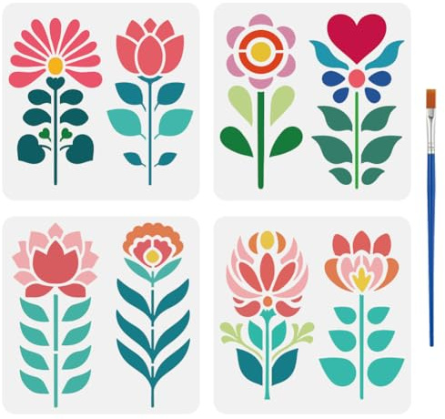 FINGERINSPIRE 4 Pz Stencil di Fiori di Arte Popolare con Pennello, 15x15cm Riutilizzabile Modello con Motivo Floreale Fiori Astratti Stencils di Design di Arte Popolare per Dipingere su Mobili