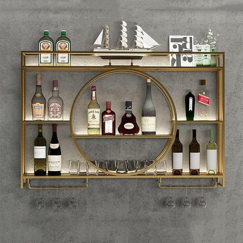 Casier à Vin Mural Doré avec Porte-Verre, Porte-Bouteille en Métal, Bar S pour Bouteilles D’Alcool, Présentoir De Stockage De Vin Multifonctionnel Suspendu pour La C, 120x15x80cm