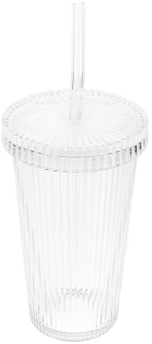 Didiseaon Gobelet à Paille en Verre 400ml avec Couvercle, Motif Rayures Verticales, Facile à Nettoyer, Design Simple et Délicat pour Maison ou Bureau