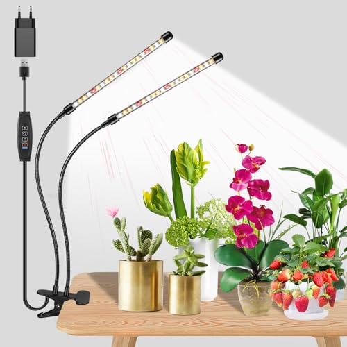 Vollspektrum LED Clip-Pflanzenlampe, 360° einstellbarer Schwanenhals 2-Röhren für Zimmerpflanzen, 3/9/12h Auto-Timer, 10 Dimmstufen & 3 Spektralmodi