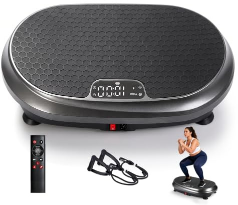 Worldgeil Vibrationsplatte - Vibration Plate Rüttelplatte Sport für Zuhause | Hohe Stabilität Rutschfeste Fußpads Leiser Betrieb Fernbedienung Widerstandsbänder 9 automatische Programme LED-Anzeige