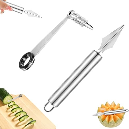 Neyauo Vegetable Spiral Cutter and Fruit Carving Tool, 2Pcs Potato Spiralizer Set Stainless Steel Kitchen Spiral Slicer for Potatoes Cucumbers Carrots Melon Veggie Engraving