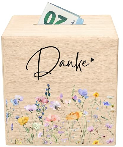 Trinkgeldkasse Wildblumen Danke Spardose aus Holz als Kaffeekasse | Personalisiert, massives Holz, 10 x 10 x 10 cm, Kaffeekasse für Trinkgeld, Sparkasse & Spendenkasse