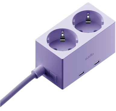 Sudio Brick Kompakte Steckdosenleiste | 2 Steckdosen & 2 USB-C Ports (30W GaN) | 1,8 m geflochtenes Kabel | EIN-/Aus-Schalter | Platzsparendes Design | Aus recycelten Materialien | (Purple)