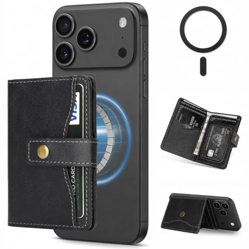 Magnetic Wallet Compatible with MagSafe,RFID Blocking PU Leather Card Holder,4 Card Slots, Cash Pocket,Photo ID Window, Snap Button,Magnetic Ring Included,Compatible with iPhone&Android Cases,Black