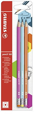 STABILO - Lápiz de grafito con goma - Pencil 160 - Pack con 3 - colores de cuerpo rosa, azul, naranja - DurezaHB