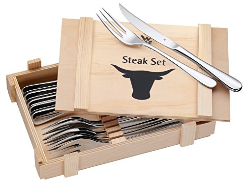 WMF Steakbesteck 12-teilig, mit Namengravur, Steakgabel Steakmesser für 6 Personen, Cromargan Edelstahl poliert, in Holzkiste
