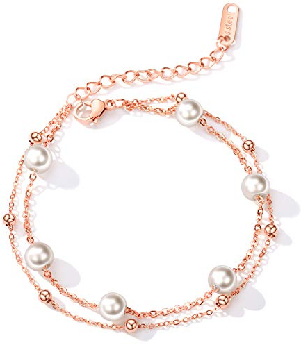 Cupimatch Damen Armband Elegant Armreifen mit Perlen Verstellbar Doppelte Kugel-Ketten Edelstahl Armkettchen, Rosegold