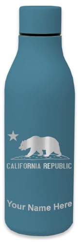 LaserGram Double Wall Stainless Steel Water Bottle, California Republic Bear Flag, Personalized Engraving Included (Slate Blue)
