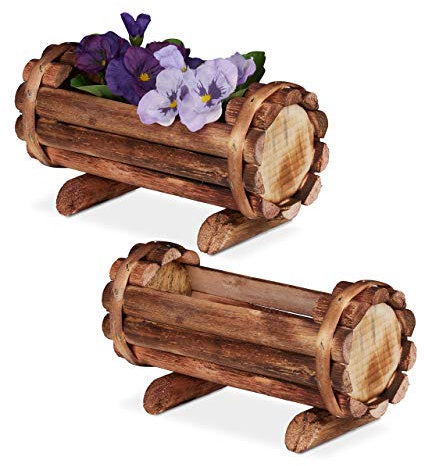 Relaxdays Vasi in Corteccia, Set 2 Portavasi in Legno dall’Effetto Bruciato, Decorazioni da Giardino Vintage, Naturale