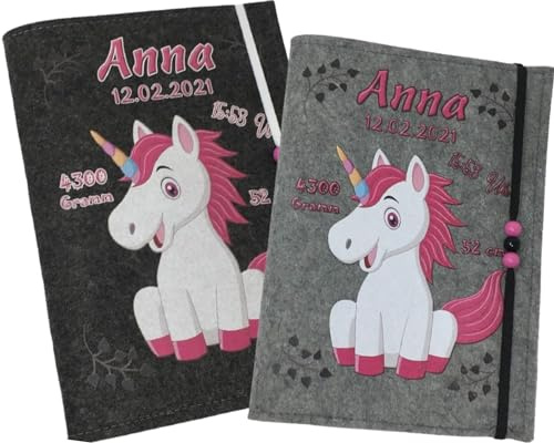 U Heft Hülle und Impfpass aus Filz - Personalisiert mit Namen - Untersuchungsheft Schutzhülle - Babygeschenke zur Geburt - Kinderuntersuchungsheft Mädchen und Junge - Einhorn
