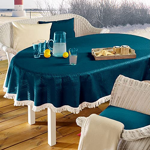 EMHELLE Gartentischdecke Garten Balkon Terrasse Tischdecke Camping Picknick Rund Oval Eckig Außen und Innenbereich Rutschhemmende Oberfläche mit weißen Fransen (150 x 210 cm Oval, Dunkelblau)