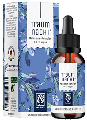 NATURTREU® Traumnacht Melatonin Tropfen 50ml - Alternative zu Melatonin Einschlafspray o. Melatonin Tabletten mit Baldrian, Passionsblume, Zitronenmelisse Einschlafhilfe Erwachsene bei Jetlag*