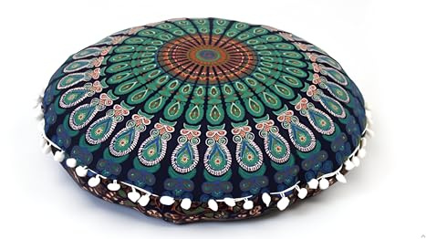 CRAFT KALA 22 Inch Meditation Floor Pillows Round Pillow Seating Hippie Decorative Adults Bohemian Mandala Circle Floor Cushion Outdoor Yoga Living Room Throw Ottoman Poufs Cover (Blue Mirchi)