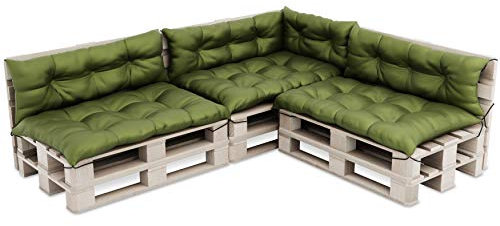 MOLTICO Palettenkissen Palettenauflagen Gesteppt Wasserdicht - Indoor und Outdoor - Set 7X: 3X Sitzkissen 120x80x14 cm, 3X Rückenkissen 120x40x14 cm und Seitenkissen 70x40x 14 cm - Grün