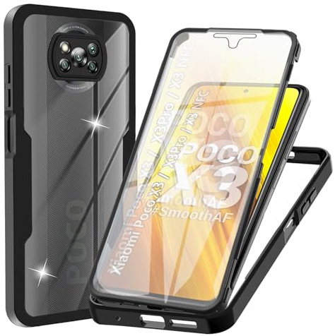 WeiCase Funda para Xiaomi Poco X3 Pro / X3 NFC / X3, Transparente 360° Protección Funda con Protector de Pantalla Integrado Antigolpes Silicona Carcasa para Xiaomi Poco X3 Pro / X3 NFC / X3, Negro
