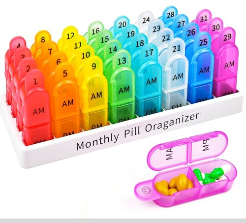 NineLeaf Tablettenbox, 30 Tage 2 Fächer Pillendose Morgens Abends Leicht Zu Öffnen FüR Kinder äLtere, Fächern für Medikamente, Vitamine, Fischöl, Nahrungsergänzungsmittel usw