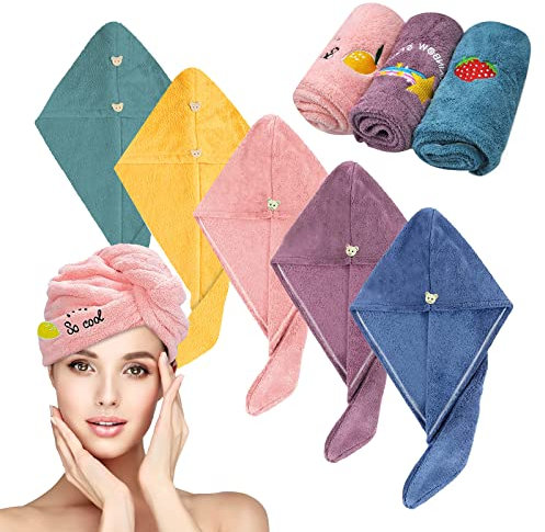 Sporgo 5 pezzi turbante per capelli, asciugamano turbante con bottone, in microfibra, super assorbente, ad asciugatura rapida, per donne, bambini, tutti i tipi di capelli