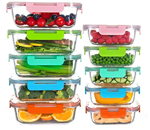 HAKEEMI Lot de 10 boîtes de conservation en verre avec couvercles hermétiques pour préparation des repas, boîtes à lunch en verre, adaptées au micro-ondes/lave-vaisselle, 5 couleurs