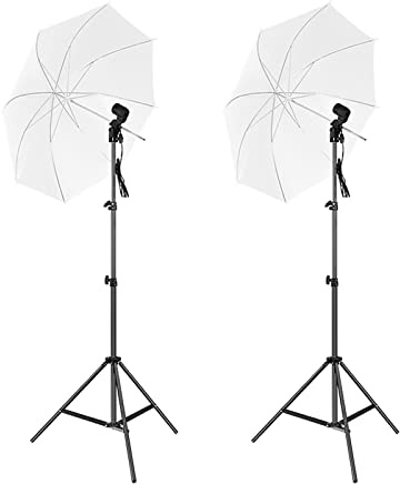 Umbrella Lights Photography, Andoer Studio Umbrella Kit with 33 Inch White Umbrellas * 2, 2M Metal Tripod Stands * 2, E27 Light Sockets * 2 for Live Streaming Portrait Photography Video Recording