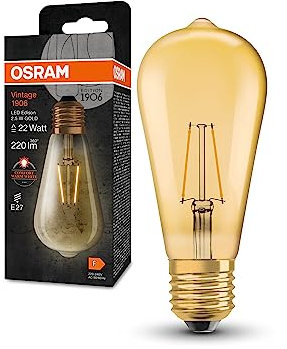 OSRAM Lampada LED Vintage 1906 Classic Edison FIL, E27, oro, 2.2W, 250lm, 2400K, luce bianca molto calda, filamento magnetico, basso consumo energetico, lunga durata