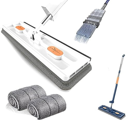 Großer Flachmopp, 360° Drehgelenk Bodenwischer Set Flachmopp mit Wiederverwendbaren Mikrofaser-Wischpads, eigenständiger Entwässerungsschabermopp (White+2Pads)
