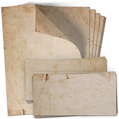 50 Briefpapier und Briefumschlag SET | Vintage Beige Braun Altes Papier | Papier und Umschlag mit Design-Motiv bedruckt | 90 g/m²